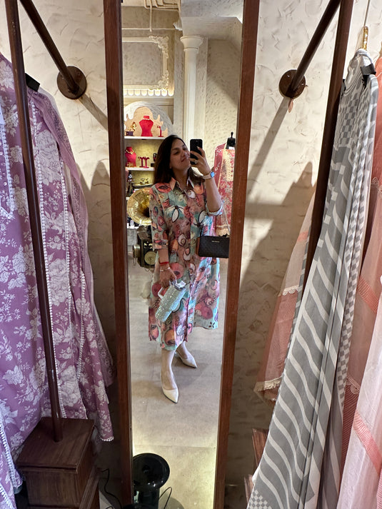 Cotton linen digital print one piece dress