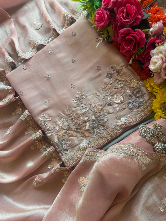 Pastel zardosi work Kanjivaram suit set