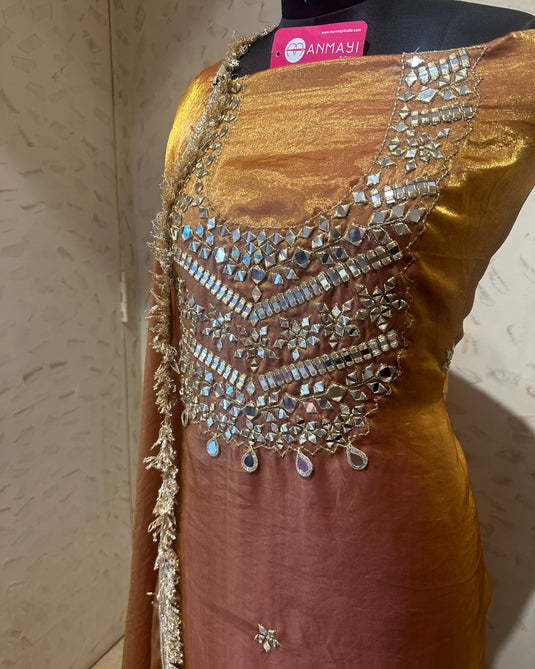 Mirror work rose gold shimmer silk suit set with fringe lace details