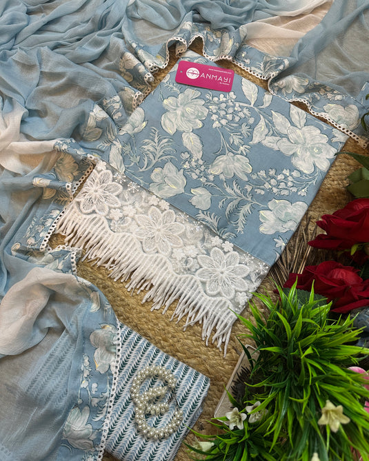 Gold highlights fringe lace detailed printed cambric cotton suit