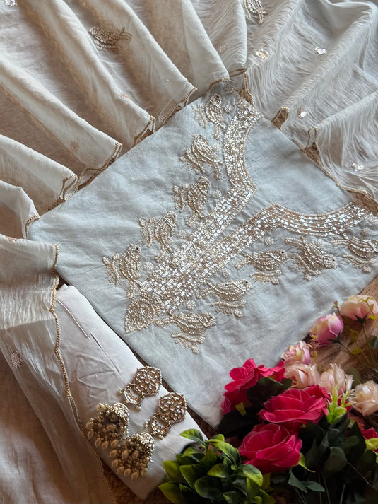 Embroidered chiraiya Mul Chanderi suit set