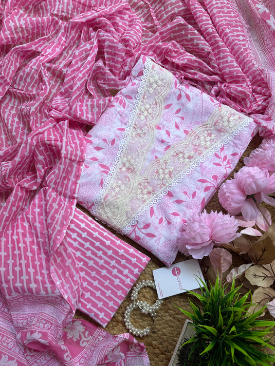 Pink white combination pattern Cambric cotton suits