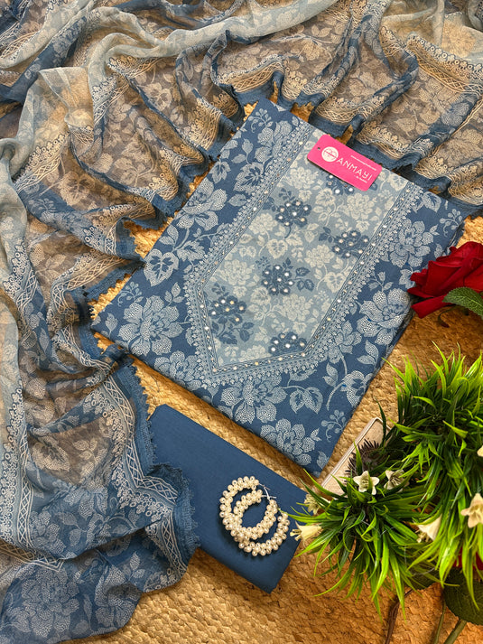 Indigo floral pure cotton suit with pure chiffon dupatta