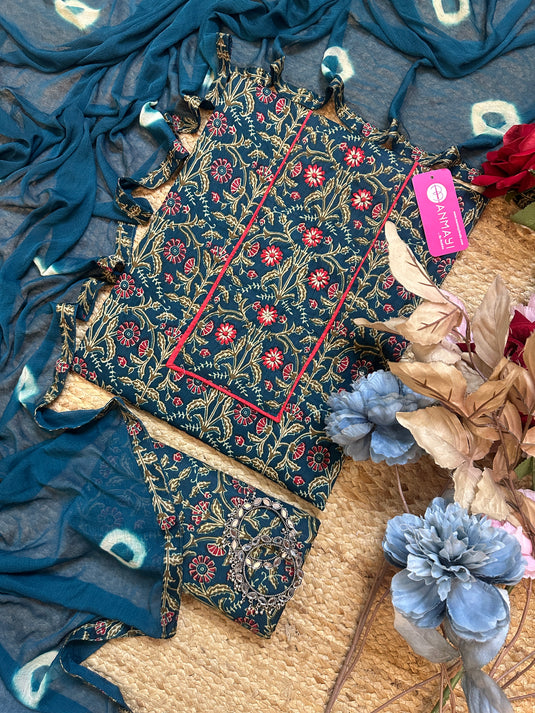 Peacock printed all over cotton suit with batik chiffon dupatta