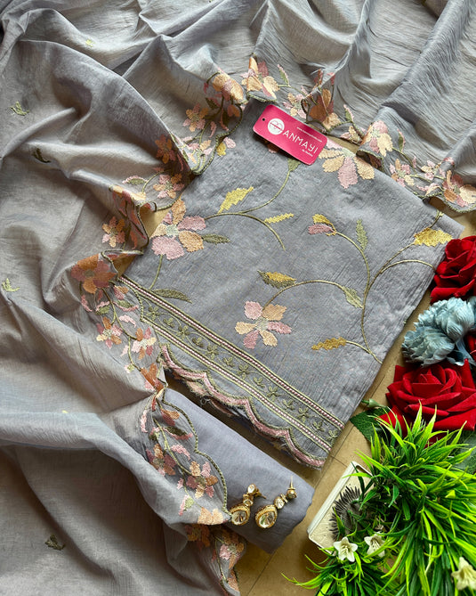 Pastel Mul Chanderi cross stitch suit set