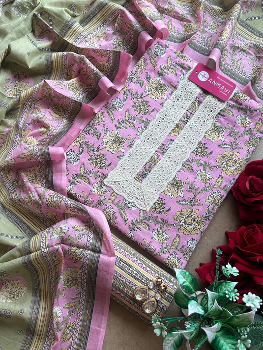 Printed cotton hakooba lace block print suit