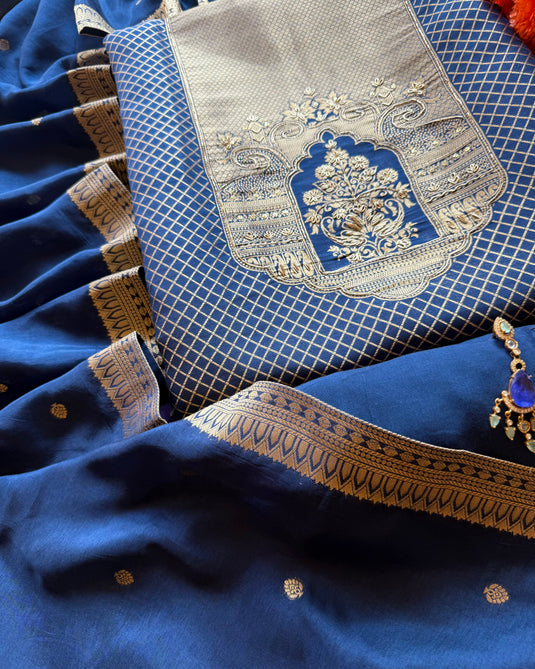 Kanjivaram temple cross work silk suit set