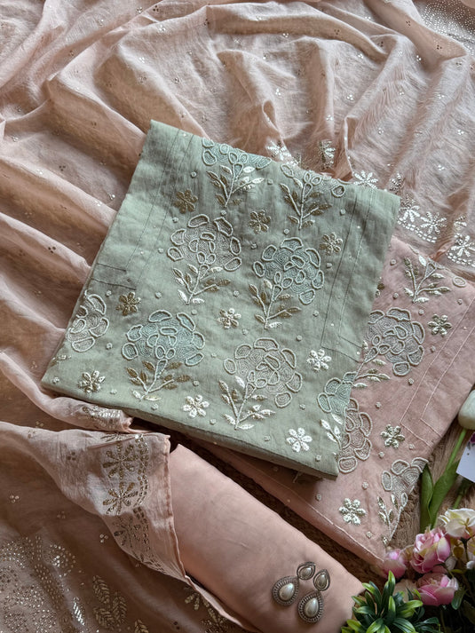 Pearl pita detailed Mul Chanderi Suit set