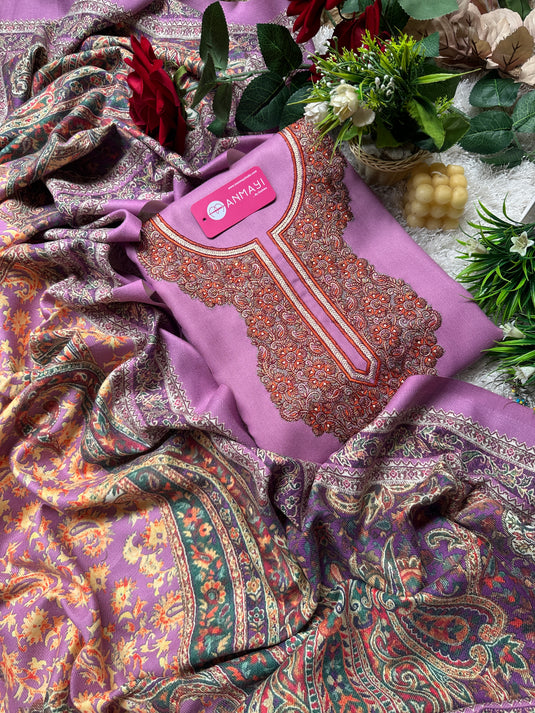 Aari work neck woollen suits with Kani print shawls