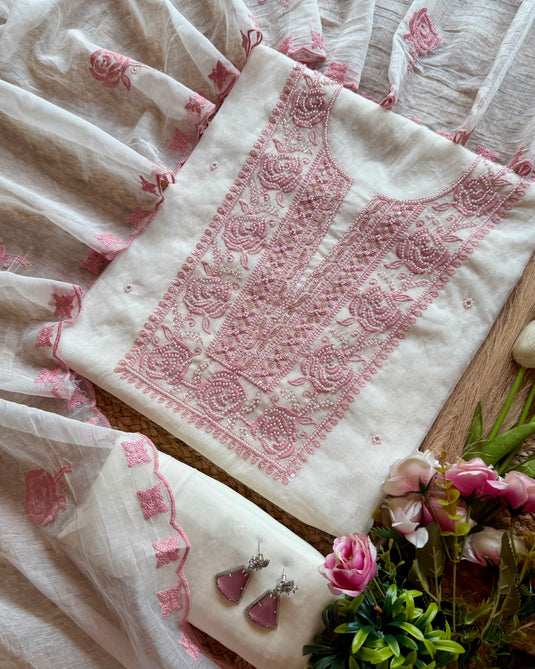 Bold pearl rose Mul Chanderi pastel suit set