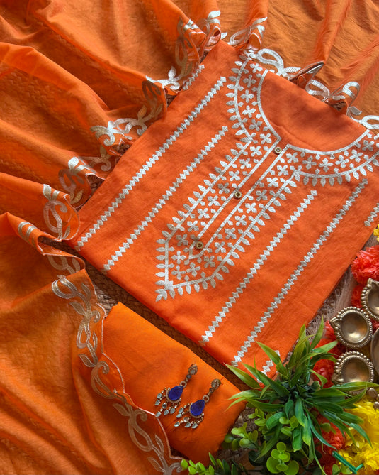 Leather patched patterned Mul Chanderi suit set