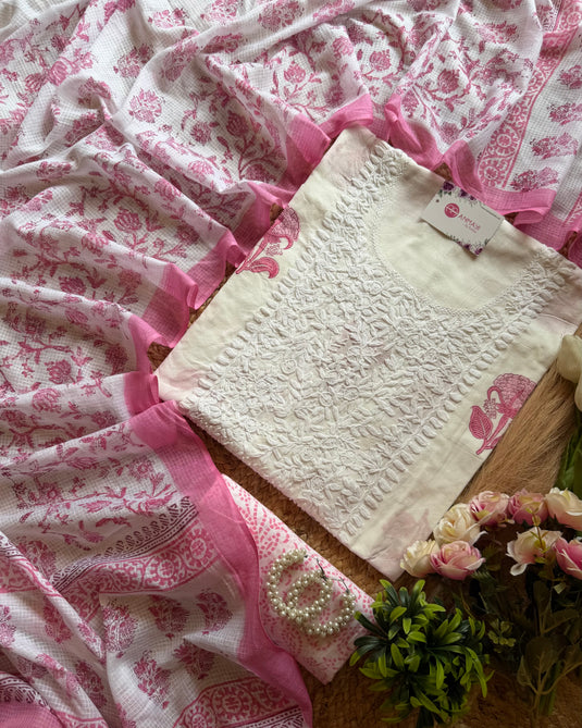 Cotton print chikankari neck with Kota print dupatta