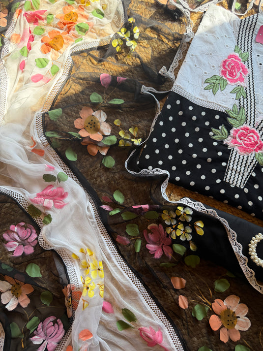 Hakooba neck polka dots pure cotton suit set with handpaint flower dupatta