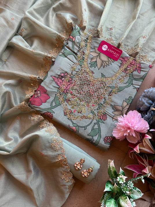 Shimmer organza crushed kani print suit set with shimmer dupatta