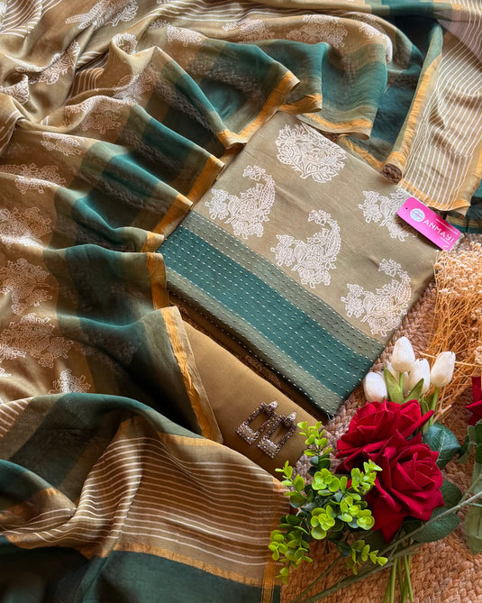 Persian print weave border pure Maheshwari suit set