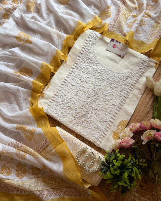 Cotton print chikankari neck with Kota print dupatta