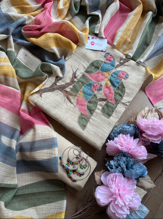 Parrot Khadi look linen suit set with rainbow dupatta
