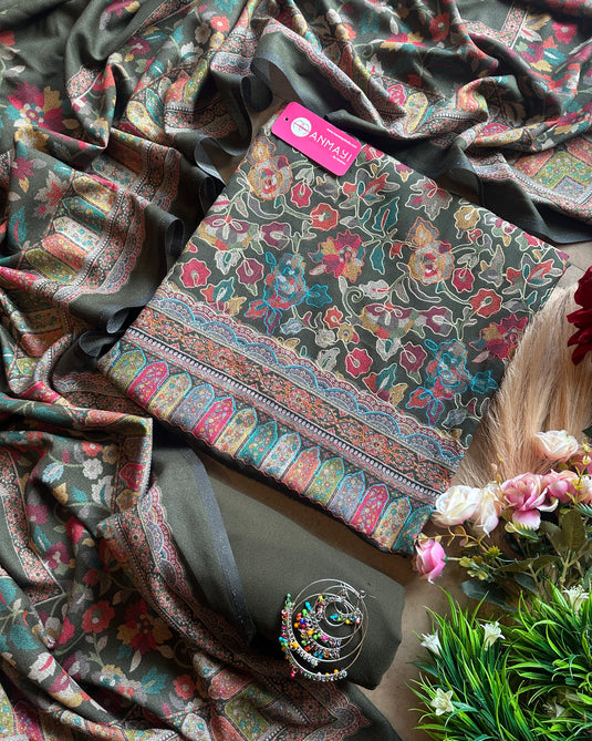 Aari work outline alpine pashmina coloured suit set