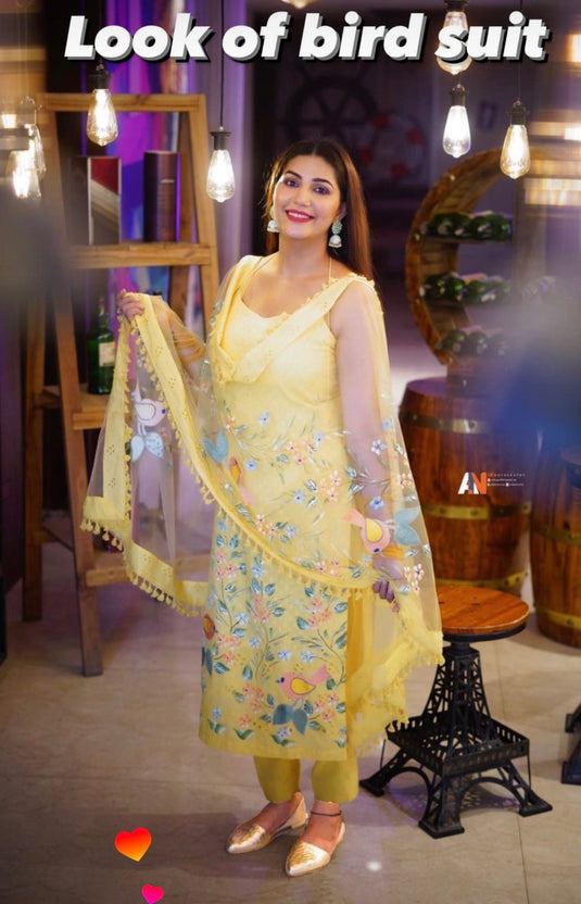 Masakali embroidered cotton suit with handpaint patched super net dupatta