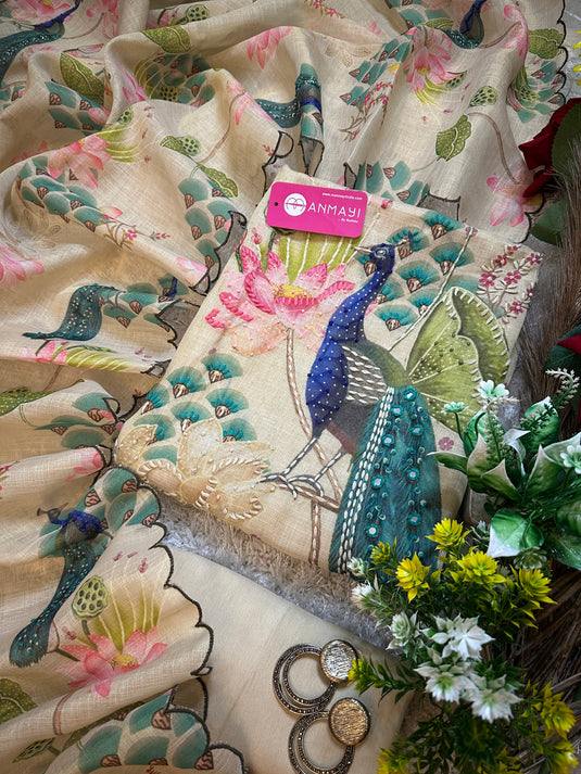 Tissue linen highlighted peacock suit with cutwork dupatta