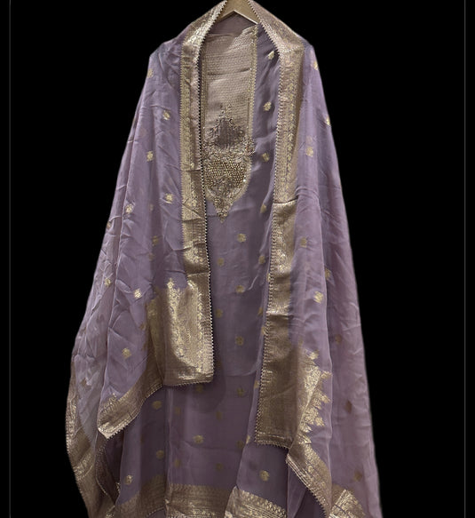 Lilac pure organza Banarasi work suit