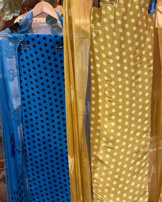 Crepe polka dots suit set with chiffon dupatta