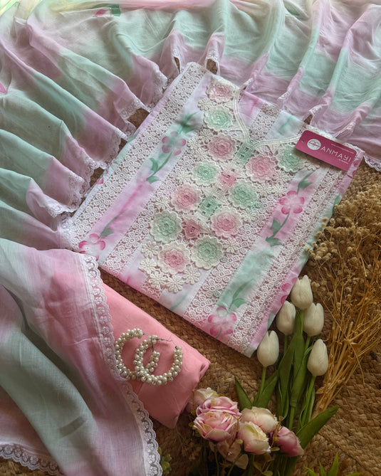 Shaded pastel crochet work cotton suit with cotton dupatta