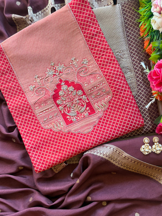 Kanjivaram temple cross weave suit set
