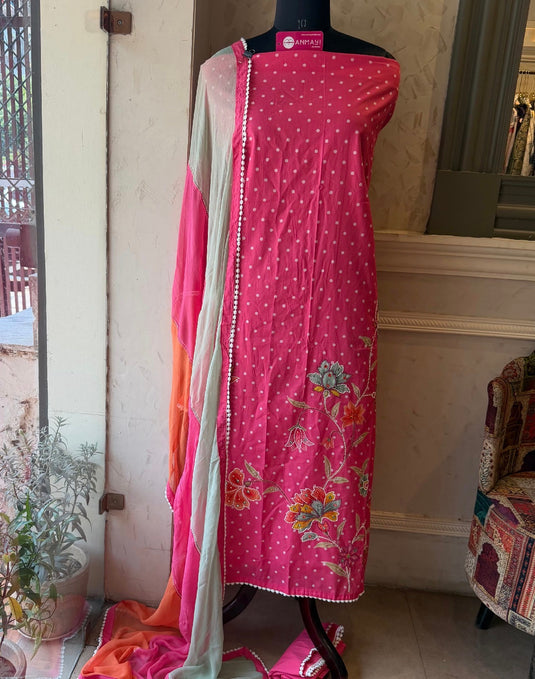 Highlighted hibiscus pure cotton polka dots suit set with tricolour dupatta