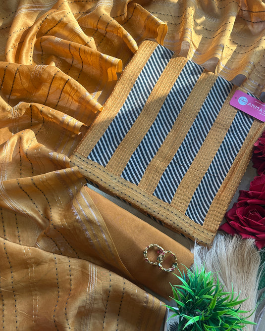 Pure Maheshwari silk kantha work with stripes