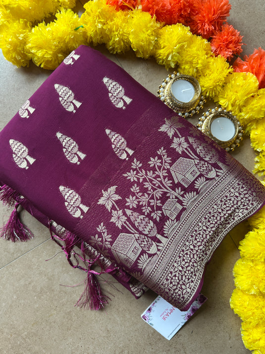 Pine tree chiffon banarasi saree with tassels