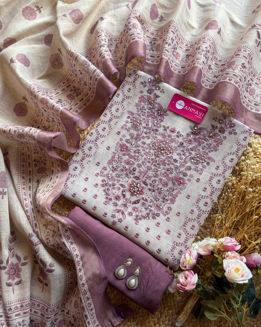 Beige base shimmer linen knot work neck suit