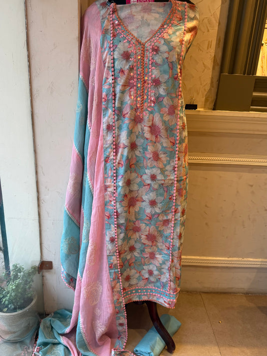 Floral premium cotton mirror work Pakistani suit set