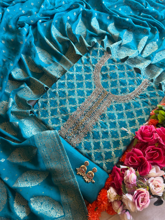 Khaddi Georgette Aqua embroidered neck suit set