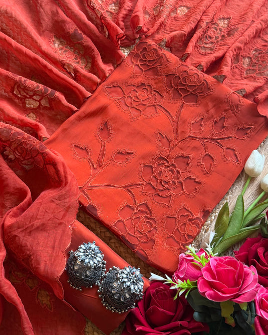 Modal work Mul Chanderi net applique cutwork suit set