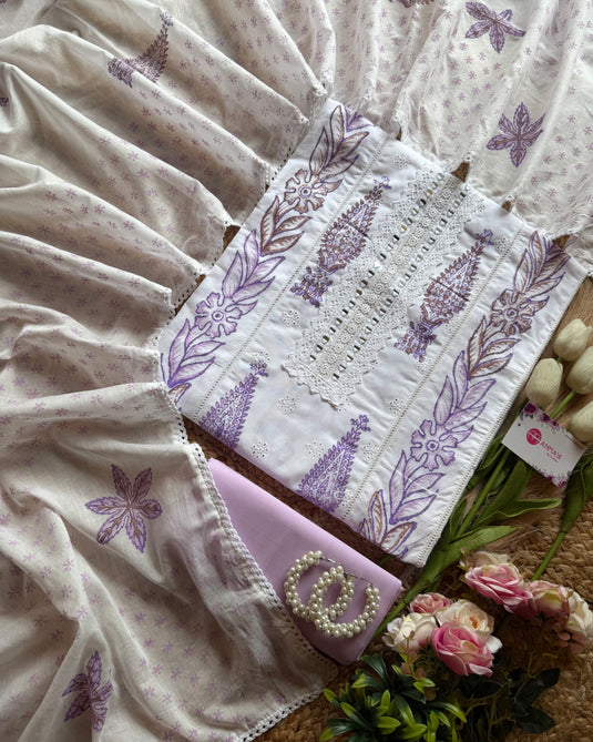 Pure cotton Hakooba block white suit set with mirror neck