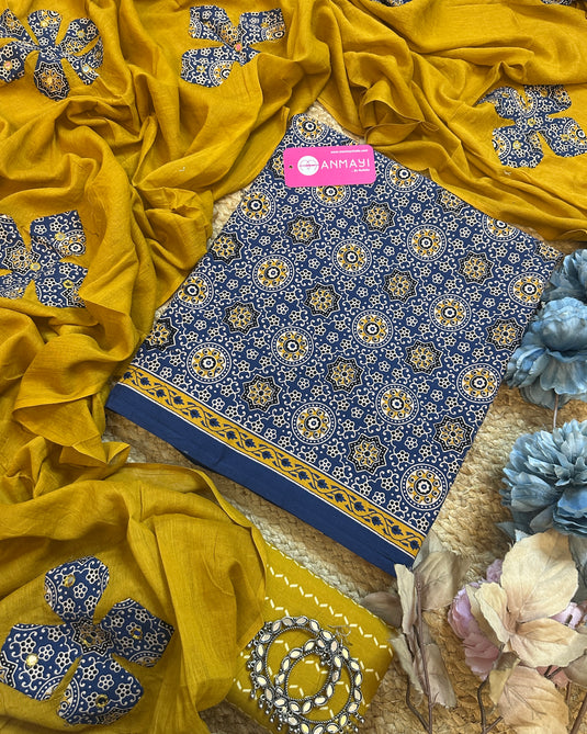 Combination ajrakh suit set with patched cotton dupatta