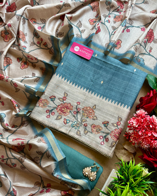 Semi Tussar mirror highlight suit set with highlighted border
