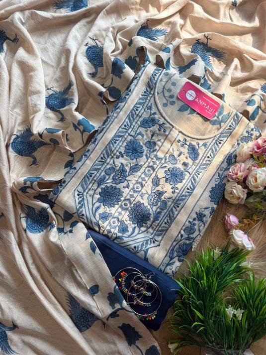 Shimmer linen flamingo indigo cream suit set with shantoon bottom