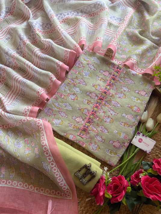 Linen Kantha work digital fish suit set