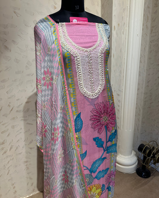 Organza semi stitched candy colour print suit with pearl neck
