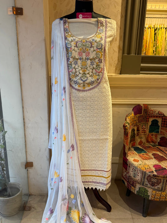 Hakooba pure cotton u neck embroidery suit set with Handpaint dupatta