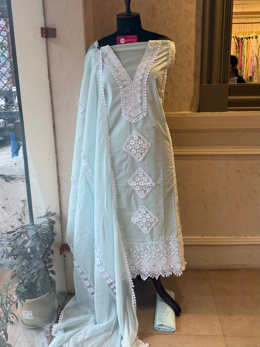 Pakistani cotton lace detail suit with organza patch