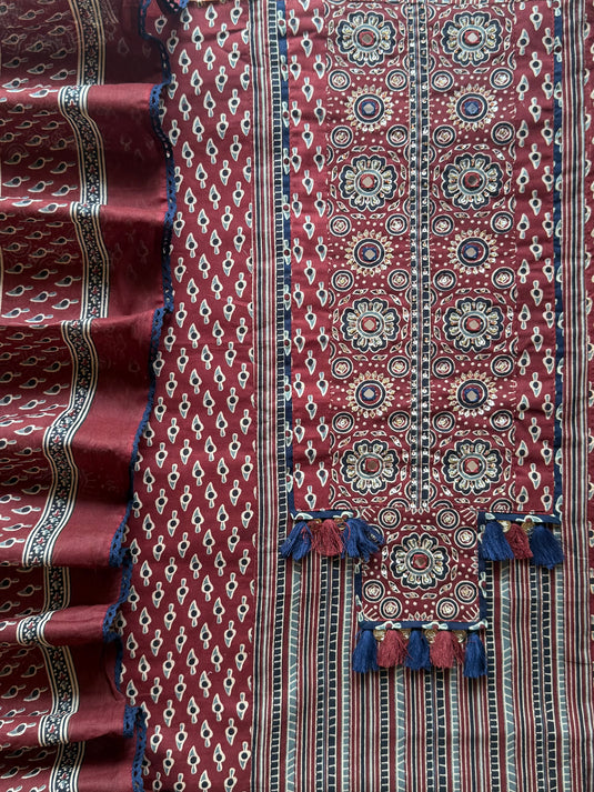 Jaipuri printed tassel neck pure cotton suit set