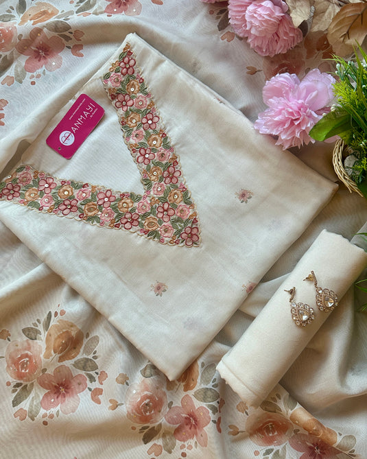Soft Chanderi parsi neck work suit set with digital print dupattas