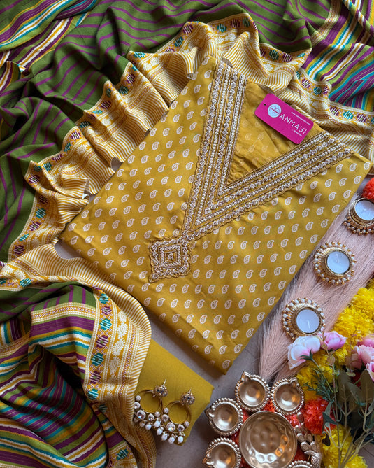 Soft Pashmina brocade print suit set