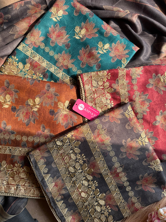 Spun Pashmina lotus print suit set with thread work