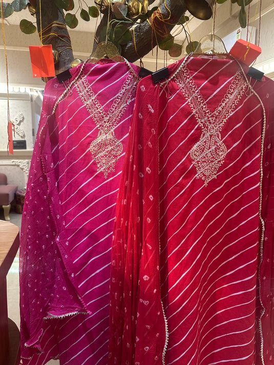 Lehria v neck cotton suit with pure chiffon Bandhani dupatta