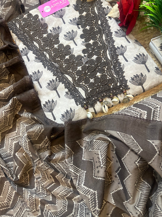 Crochet detailed pure cotton Pakistani suit with tulip print