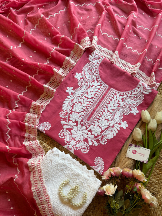 Chikankari neck cotton suit set with Hakooba bottom and dupatta